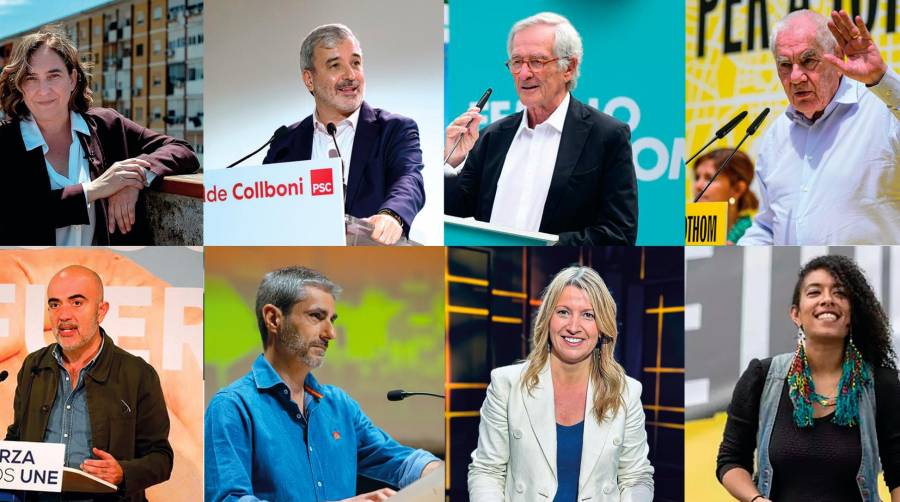 Ada Colau (Barcelona en Comú); Jaume Collboni (PSC); Xavier Trias (Junts per Catalunya); Ernest Maragall (ERC). Daniel Sirera (PP); Gonzalo de Oro (VOX); Eva Parera (Valents) y Rasha Changue (CUP).