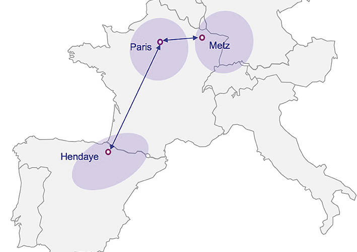 El tiempo de tr&aacute;nsito entre Hendaia y Metz (1.100 km) de 16 horas y media.