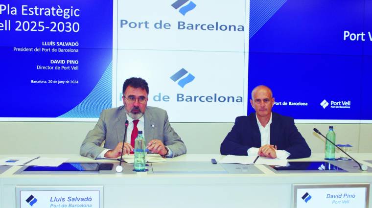 Lluís Salvadó, presidente de la AP de Barcelona y David Pino, director del Port Vell, en la presentación del Plan Estratégico Port Vell 2025-2030 en el World Trade Center Barcelona. Foto C.C.