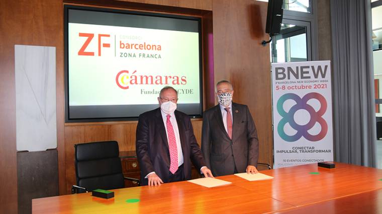 Jos&eacute; Luis Bonet, presidente de la Fundaci&oacute;n INCYDE de las C&aacute;maras de Comercio, y Pere Navarro, delegado especial del Estado en el Consorci de la Zona Franca de Barcelona y presidente de BNEW.