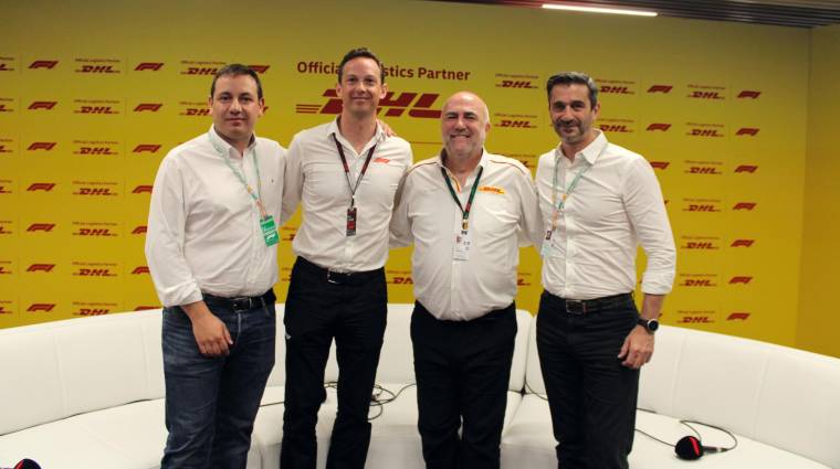 Desde la izquierda, Rubén Gavela, Country Manager de DHL Freight Spain; Johny Haworth, Director of Commercial Partnerships F1; Paul Fowler, Head of DHL Motorsports Logistics y Sergio Del Casale, Managing Director DHL eCommerce. Foto C.C.