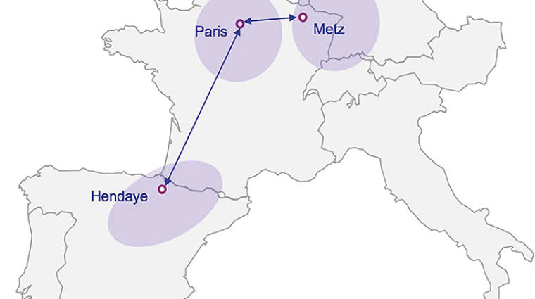El tiempo de tr&aacute;nsito entre Hendaia y Metz (1.100 km) de 16 horas y media.