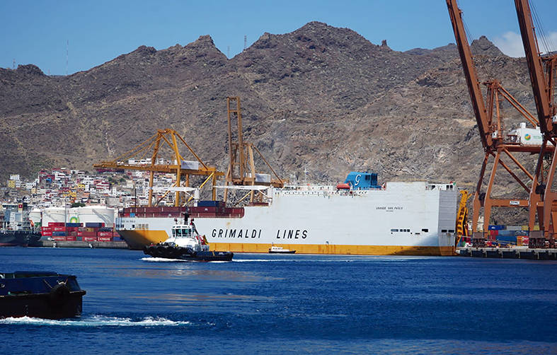 El buque &quot;Grande San Paolo&quot;, durante su escala de hoy en el puerto de Tenerife.