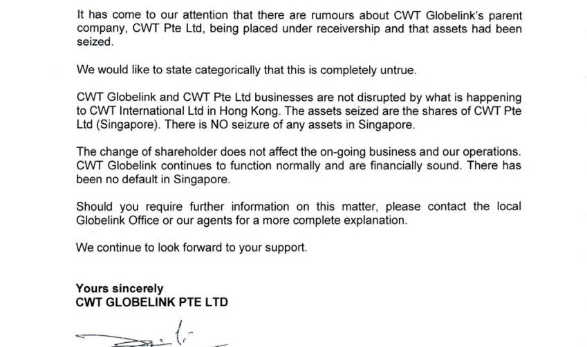 Carta enviada por el CEO de CWT Globelink PTE a todos los clientes.