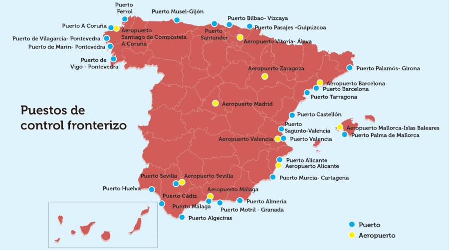 Ubicación de los puestos de control en frontera que existen en estos momentos en España de acuerdo con la información pública del MAPA, actualizada en su web a julio de 2024. Infografía: José Antonio Sánchez.