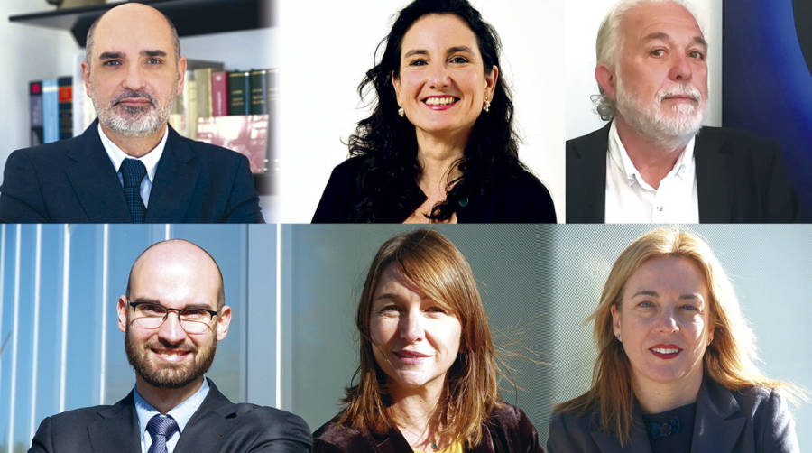 Arriba, de izquierda a derecha: Juan Carlos Sapena (abogado), Roc&iacute;o Huet (CEO y fundadora) y Josep Manuel Sanchis (abogado), de P&eacute;rez Huet Abogados. Abajo: Albert Chiva, Alejandra Ayala y Yolanda Rojas, CEOs y co-fundadores de &Aacute;rea Digital Abogados.