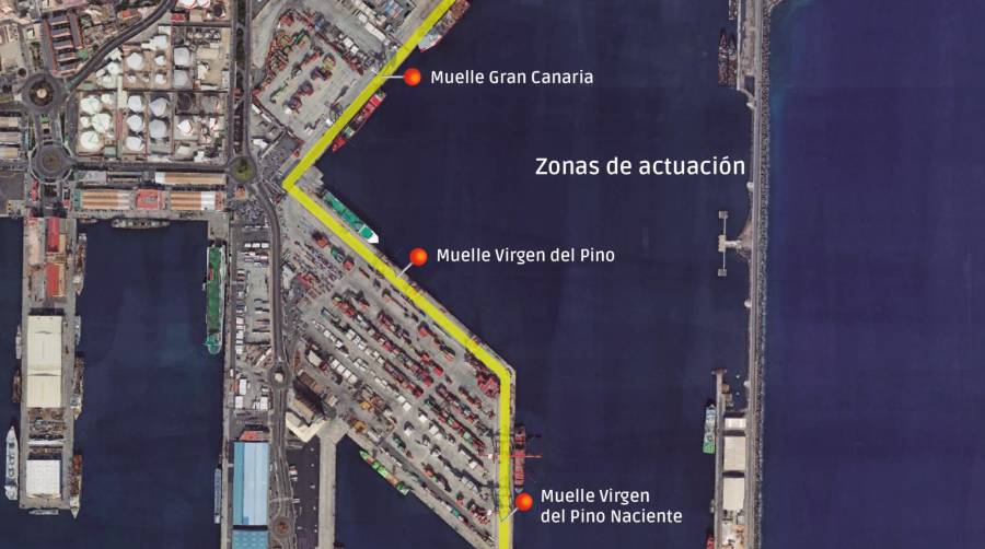 La AP de Las Palmas quiere sustituir los carriles de las grúas portacontenedores de los tres muelles. Infografía: José Antonio Sánchez.