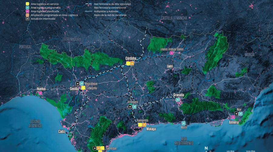 El objetivo del PITMA es cohesionar todo el territorio andaluz a nivel logístico a través del impulso de la intermodalidad. Fuente Consejería de Fomento de la Junta de Andalucía.