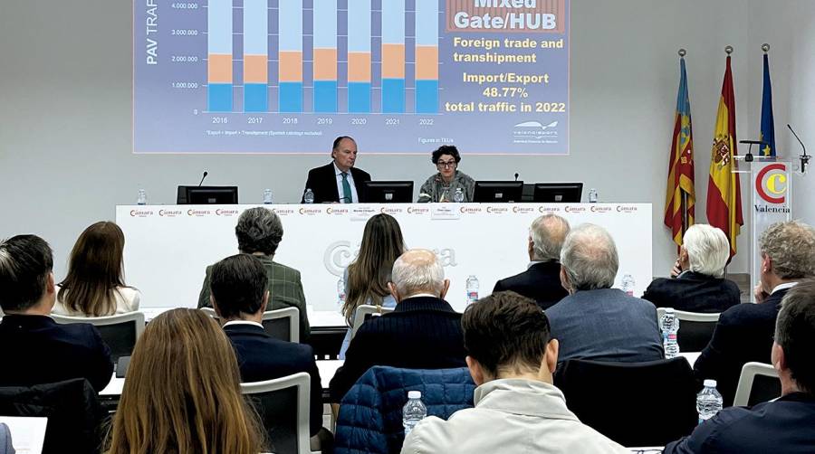 En la sesión del Pleno de Cámara Valencia participó Mar Chao, presidenta de Valenciaport, con una ponencia sobre las principales líneas de actuación del Puerto. Junto a ella, José Vicente Morata, presidente de Cámara Valencia.