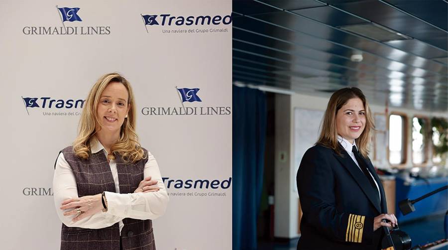 Jana Peiró, directora de Marketing y Pasaje de Trasmed y Carmen Santón, capitana del buque “Ciudad de Palma”.