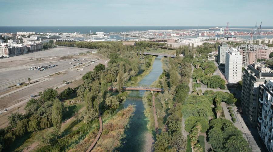 PROPUESTA (Con)fluir. Incorpora paisajes de ribera a lo largo de todo el cauce con praderas de esparcimiento. En Nazaret se genera una zona en contacto con el agua, a modo de playa fluvial inundable. Propone además una barrera natural de protección con la zona portuaria.