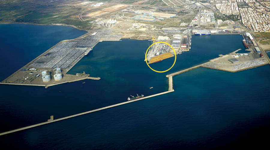 La concesi&oacute;n solicitada por Noatum Terminal Sagunto, sombreada en la imagen superior, est&aacute; ubicada en el muelle Noreste de la d&aacute;rsena norte del puerto de Sagunto.